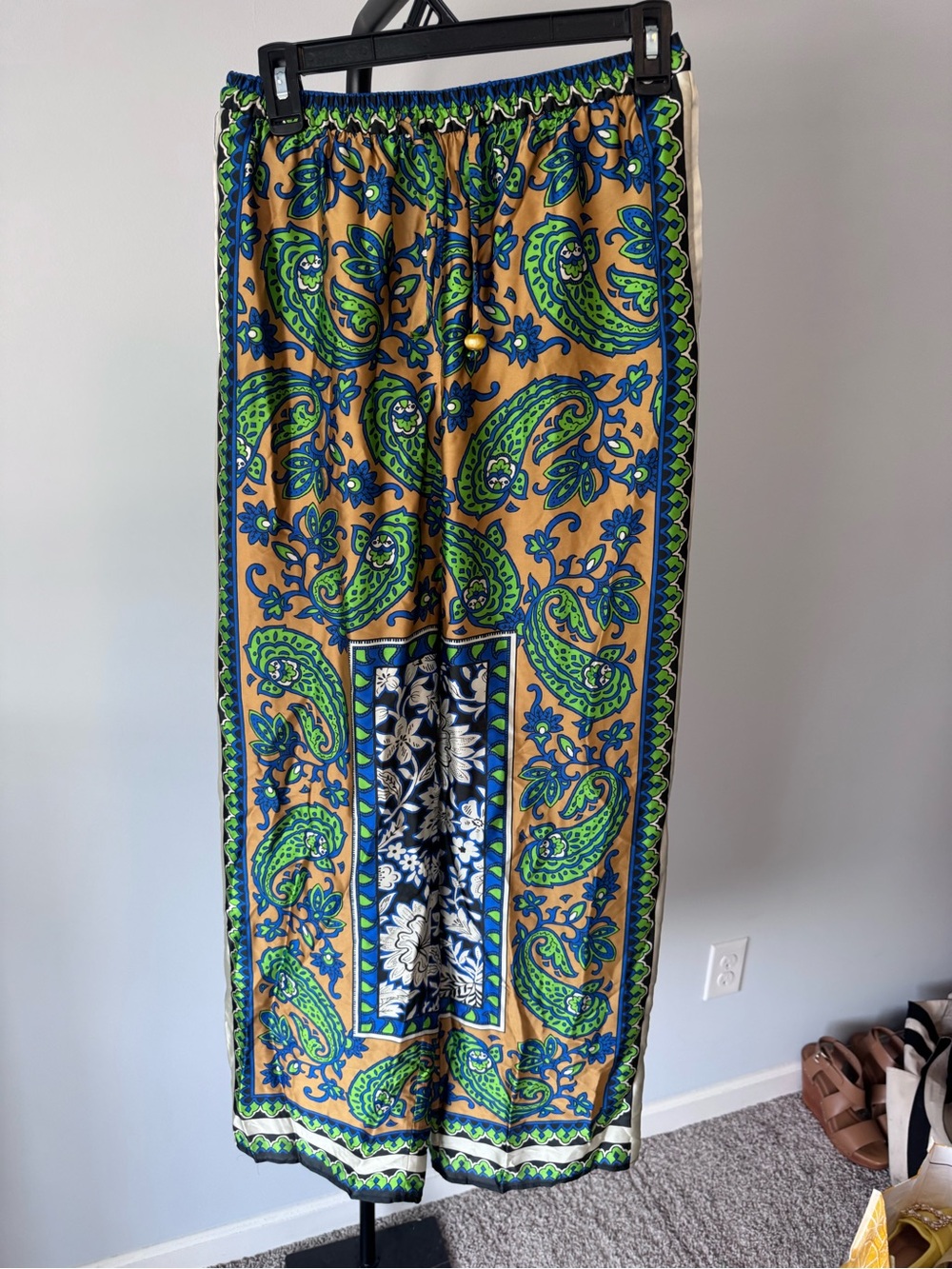 Zara Green Blue Paisley Print Wide-Leg Pants